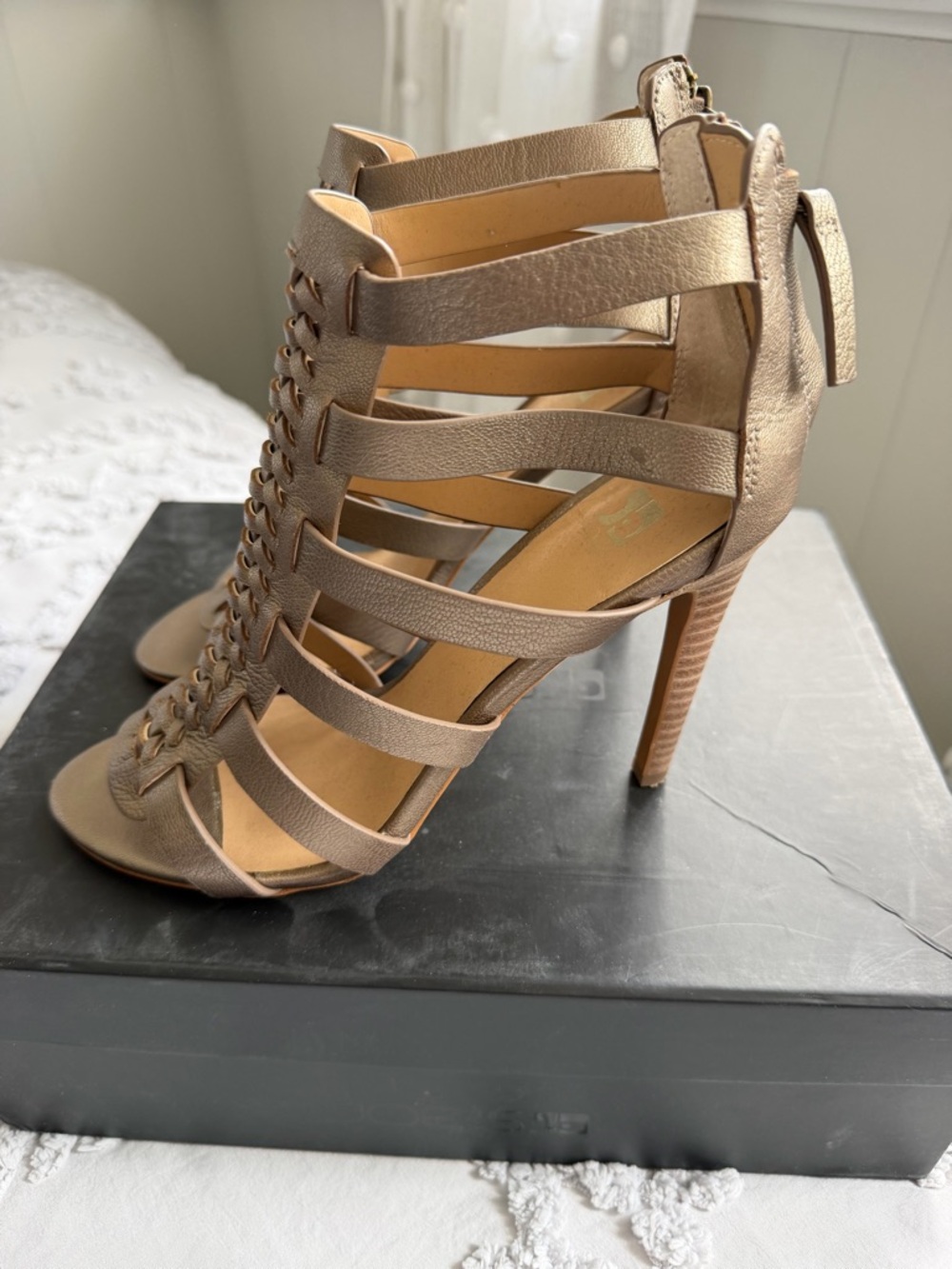 Joe's Jeans Metallic Taupe Lace-Up Strappy Stiletto Sandals